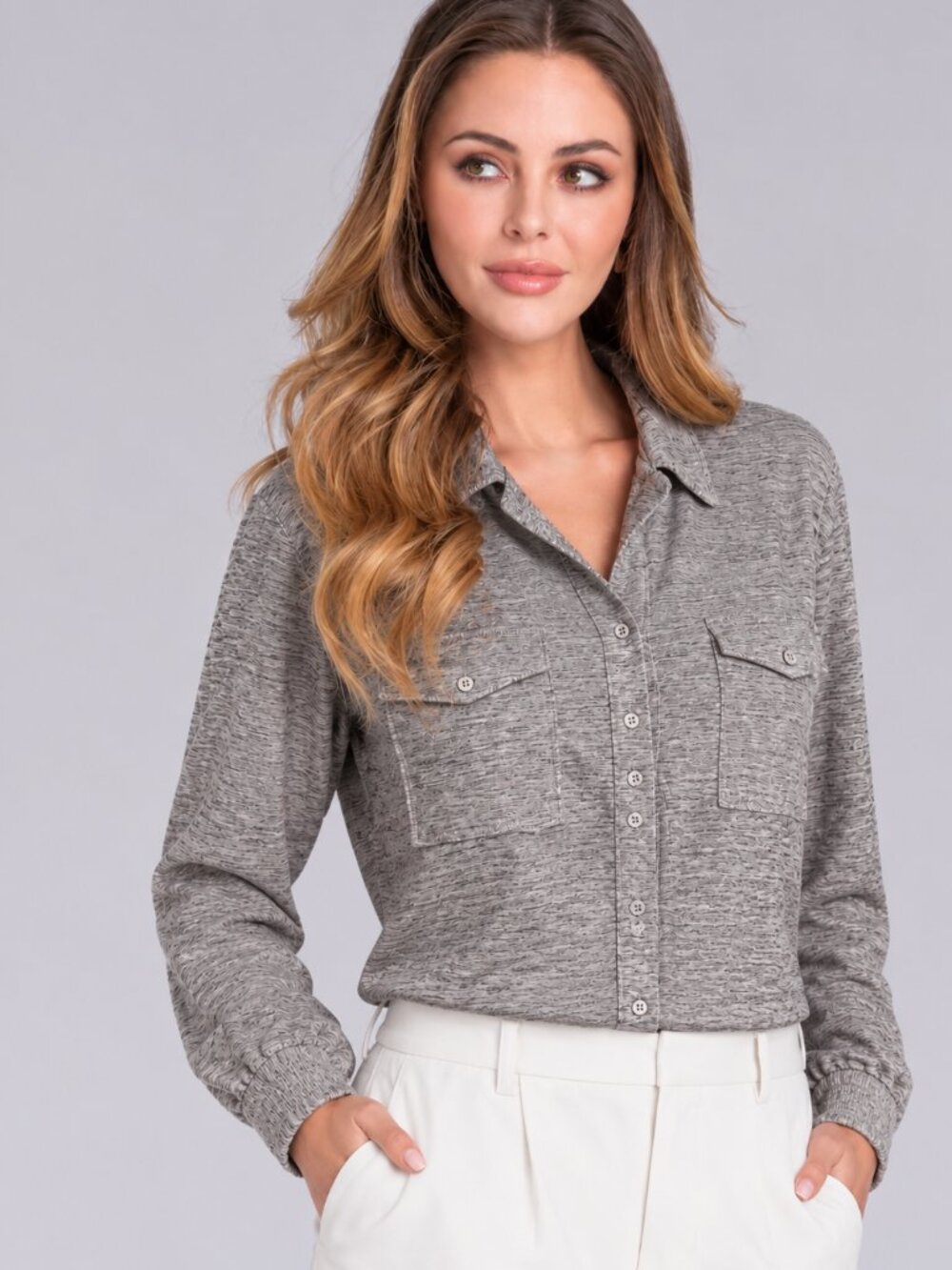 Buttercloth Womens Grey Button Up Icy Cotton Long Sleeve Pre-Tucked Fit Top SZ:L